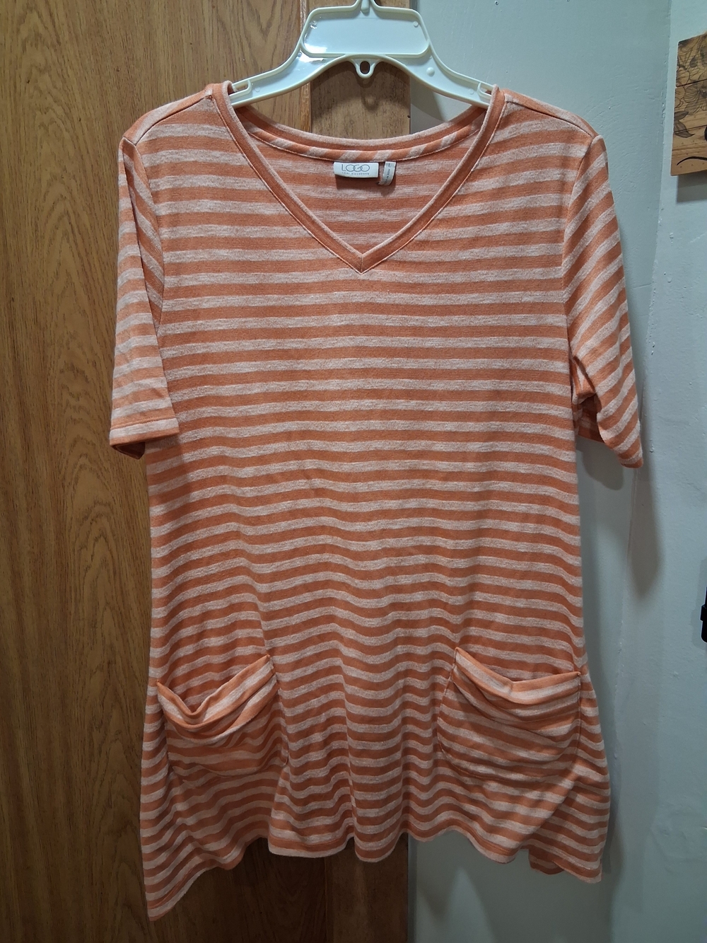 LOGO by Lori Goldstein Peach and White Striped V-Neck Tunic